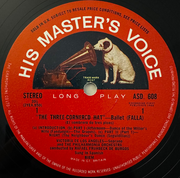 Manuel De Falla : Victoria De Los Angeles / Philharmonia Orchestra , Rafael Frühbeck De Burgos - The Three Cornered Hat | His Master's Voice (ASD 608) - 3