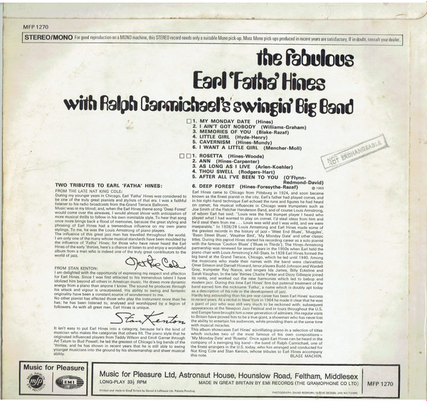 Earl Hines With Ralph Carmichael's Swingin' Big Band - The Fabulous Earl 'Fatha' Hines With Ralph Carmichael's Swingin' Big Band | Music For Pleasure (MFP 1270) - 2