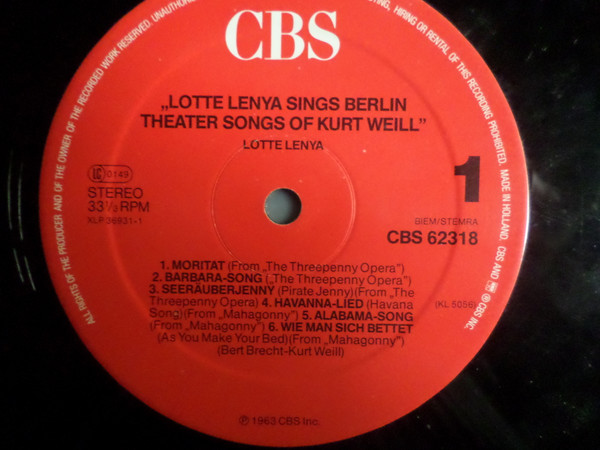 Lotte Lenya - Lotte Lenya Singt Kurt Weill | CBS (62318) - 3
