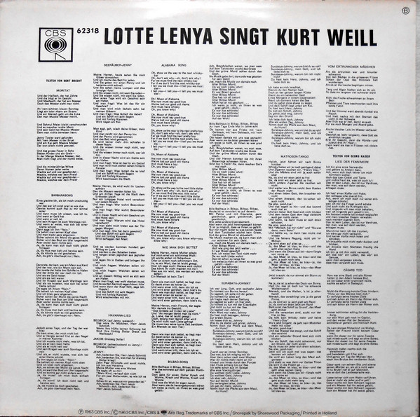 Lotte Lenya - Lotte Lenya Singt Kurt Weill | CBS (62318) - 2