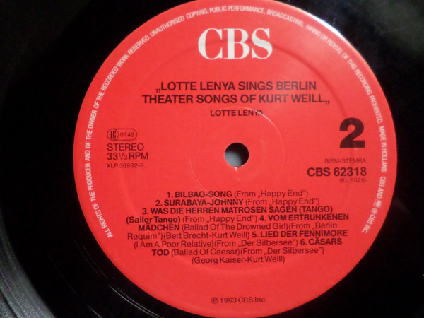 Lotte Lenya - Lotte Lenya Singt Kurt Weill | CBS (62318) - 4