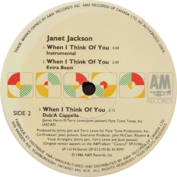 Janet Jackson - When I Think Of You (12") [Vinyl] | A&M Records (SP-12193) - 2
