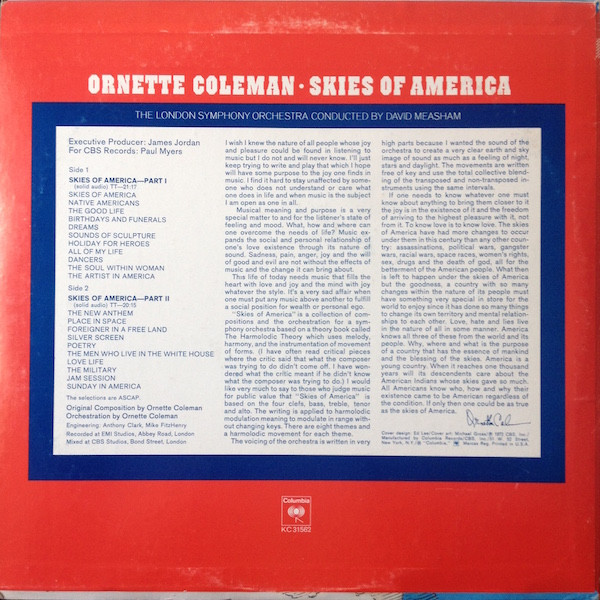 Ornette Coleman , London Symphony Orchestra Conducted By David Measham - Skies Of America | Columbia (KC 31562) - 2 Ornette Coleman , London Symphony Orchestra Conducted By David Measham - Skies Of America | Columbia (KC 31562) - 2