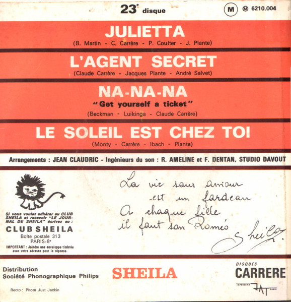 Sheila - Julietta / Na-na-na | Disques Carrere (6210.004) - 2