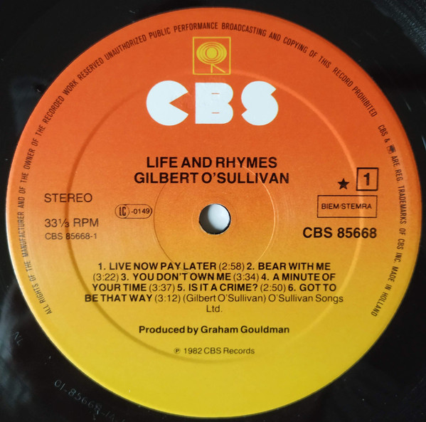 Gilbert O'Sullivan - Life & Rhymes | CBS (CBS 85668) - 3 Gilbert O'Sullivan - Life & Rhymes | CBS (CBS 85668) - 3