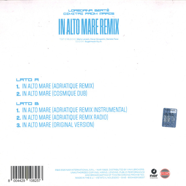 Loredana Bertè , Dimitri From Paris - In Alto Mare (Remix) | Nar International S.r.l. (NAR 10825) - 2 Loredana Bertè , Dimitri From Paris - In Alto Mare (Remix) | Nar International S.r.l. (NAR 10825) - 2