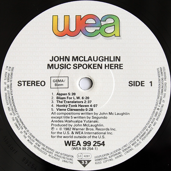 John McLaughlin - Music Spoken Here | WEA (99254) - 3