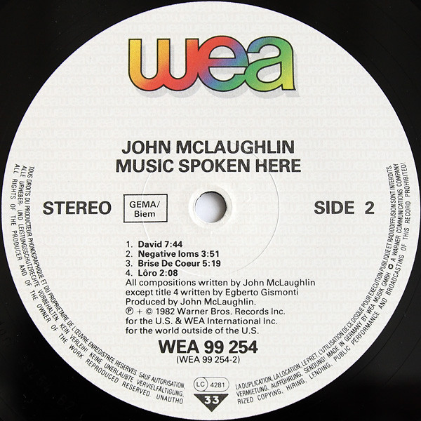 John McLaughlin - Music Spoken Here | WEA (99254) - 4