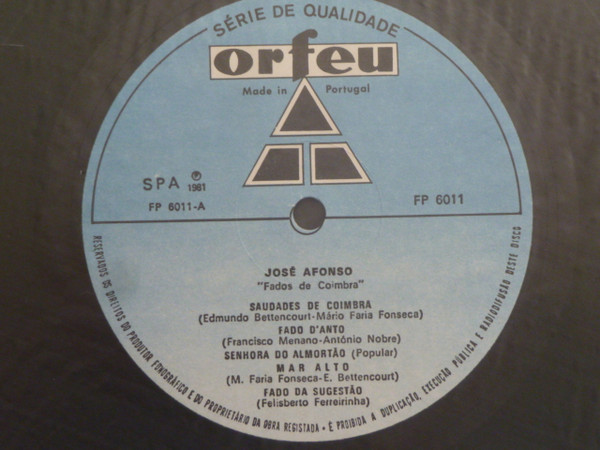 José Afonso - Fados De Coimbra E Outras Canções | Orfeu (FP 6011) - 4