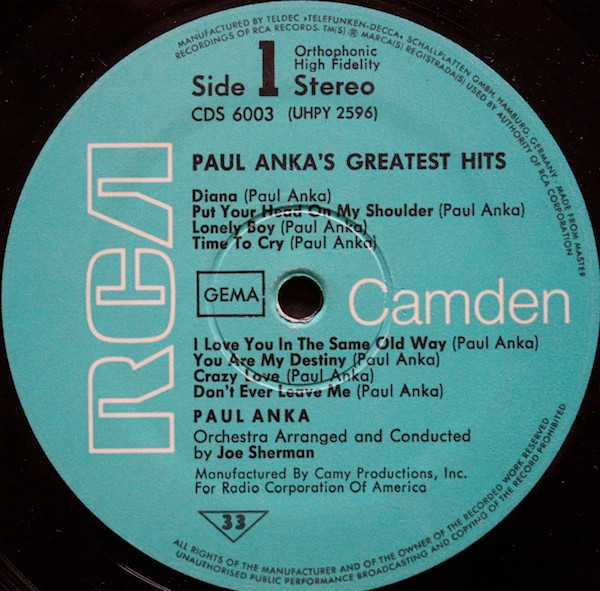 Paul Anka - Paul Anka's Greatest Hits | RCA Camden (CDS 6003) - 3 Paul Anka - Paul Anka's Greatest Hits | RCA Camden (CDS 6003) - 3