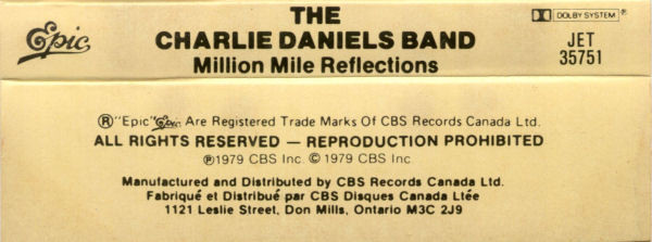 The Charlie Daniels Band - Million Mile Reflections | Epic (JET 35751) - 2