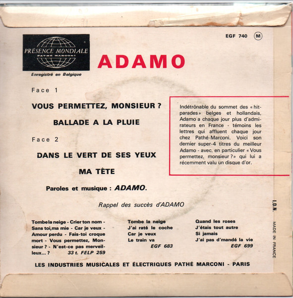 Adamo - Vous Permettez, Monsieur ? | La Voix De Son Maître (EGF 740) - 2