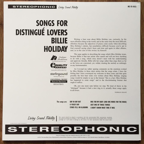 Billie Holiday - Songs For Distingué Lovers | Analogue Productions (AP-6021-45) - 2