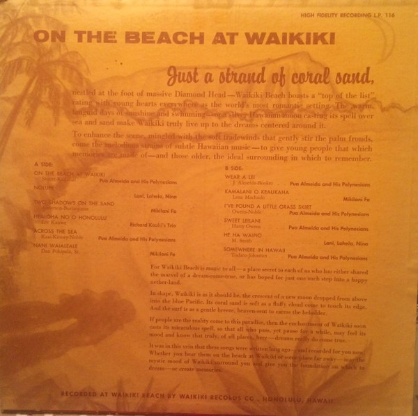 Pua Almeida And His Polynesians , Lani, Lahela, Nina , Mikilani Fo , Richard Kauhi Trio - On the Beach at Waikiki | Waikiki Records (LP-116) - 2