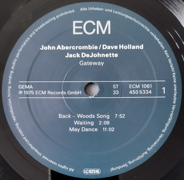 John Abercrombie , Dave Holland , Jack DeJohnette - Gateway | ECM Records (ECM 1061) - 3