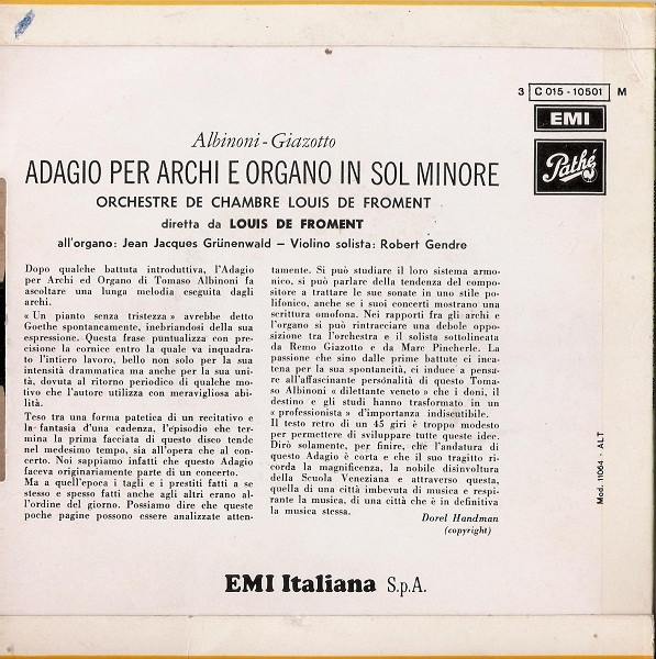 Tomaso Albinoni - Remo Giazotto - Adagio Per Archi E Organo | Pathé (3C 015-10501 M) - 2