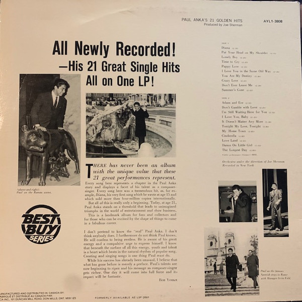 Paul Anka - Paul Anka's 21 Golden Hits | RCA (AYL1-3808) - 3