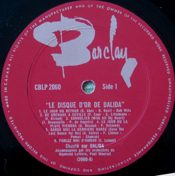 Dalida - Le Disque D'Or De... [Vinyl] | Barclay (CBLP-2060) - 3