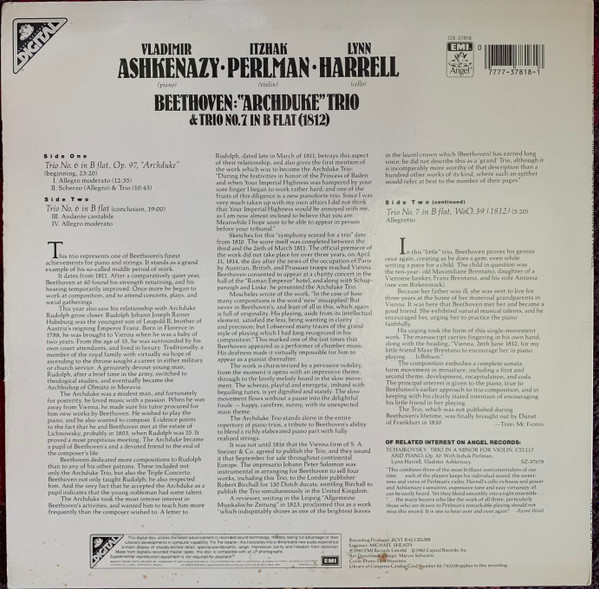 Vladimir Ashkenazy • Itzhak Perlman • Lynn Harrell , Ludwig van Beethoven - "Archduke" Trio & Trio No. 7 In B Flat (1812) | Angel Records (DS-37818) - 2 Vladimir Ashkenazy • Itzhak Perlman • Lynn Harrell , Ludwig van Beethoven - "Archduke" Trio & Trio No. 7 In B Flat (1812) | Angel Records (DS-37818) - 2