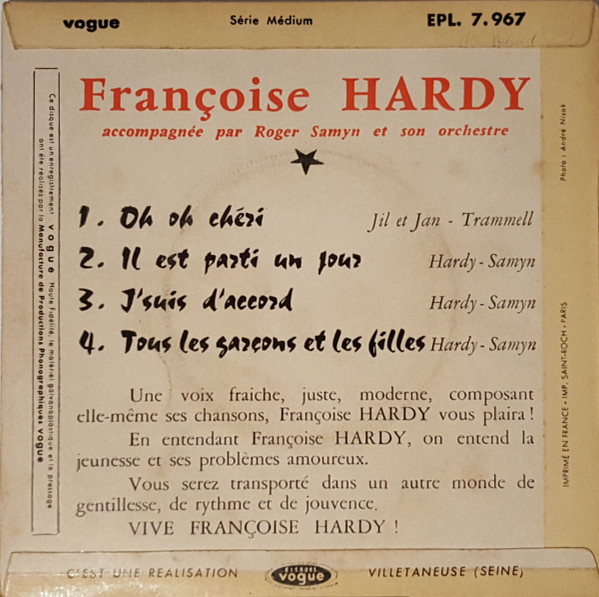 Françoise Hardy - J'Suis D'Accord / Tous Les Garçons Et Les Filles | Disques Vogue (EPL 7.967) - 3
