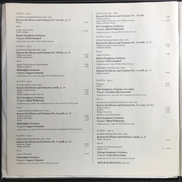 Arthur Rubinstein - Frédéric Chopin . Johannes Brahms . Ludwig van Beethoven . Edvard Grieg . Wolfgang Amadeus Mozart . Franz Liszt . Camille Saint-Saëns . Sergei Vasilyevich Rachmaninoff . Robert Schumann . Pyotr Ilyich Tchaikovsky - Die 10 Schönsten Klavierkonzerte | RCA Red Seal (RL 43352) - 4
