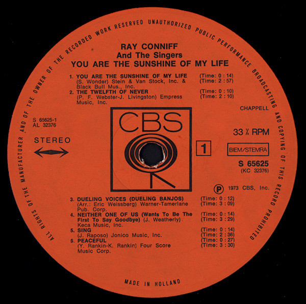 Ray Conniff And The Singers - You Are The Sunshine Of My Life | CBS (S 65625) - 3