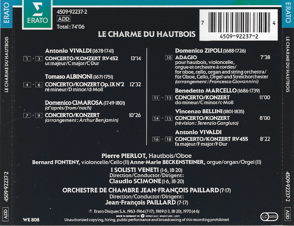 Pierre Pierlot , I Solisti Veneti , Orchestre De Chambre Jean-François Paillard - Le Charme Du Hautbois - Les Plus Beaux Concertos | Erato (4509-92237-2) - 3