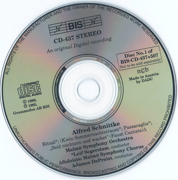 Alfred Schnittke - Malmö Symphony Orchestra , Leif Segerstam , James DePreist , Torleif Thedéen , Danmarks Radios Symfoniorkester - Ritual / (K)ein Sommernachtstraum / Passacaglia / Seid Nüchtern Und Wachet (Faust Cantata) / Cello Concerto No. 1 / Klingende Buchstaben / Four Hymns | BIS (BIS-CD-437+507) - 4 Alfred Schnittke - Malmö Symphony Orchestra , Leif Segerstam , James DePreist , Torleif Thedéen , Danmarks Radios Symfoniorkester - Ritual / (K)ein Sommernachtstraum / Passacaglia / Seid Nüchtern Und Wachet (Faust Cantata) / Cello Concerto No. 1 / Klingende Buchstaben / Four Hymns | BIS (BIS-CD-437+507) - 4
