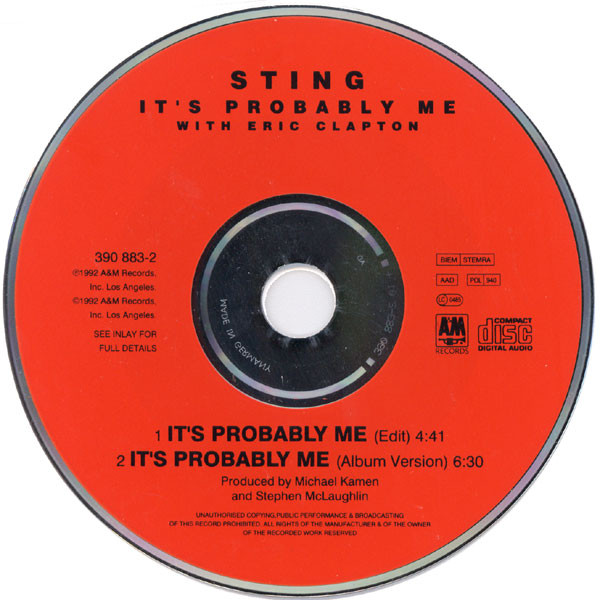 Sting With Eric Clapton - It's Probably Me | A&M Records (390 883-2) - 4