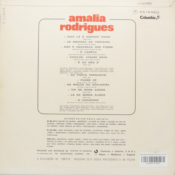 Amália Rodrigues - Oiça Lá Ó Senhor Vinho | Columbia (8E 054 40 138) - 2