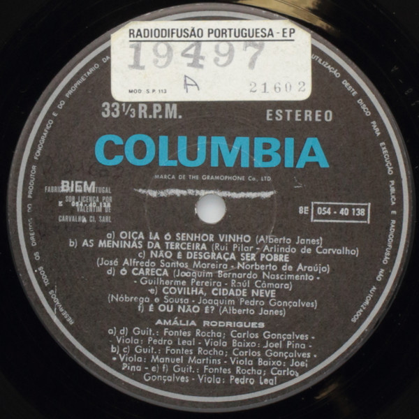 Amália Rodrigues - Oiça Lá Ó Senhor Vinho | Columbia (8E 054 40 138) - 3