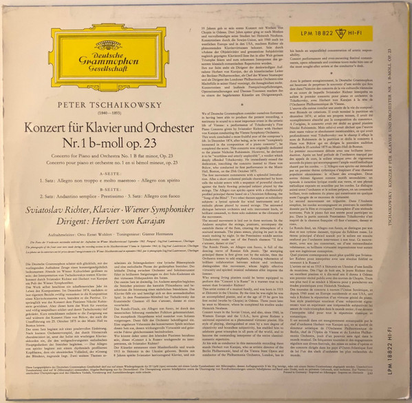 Pyotr Ilyich Tchaikovsky / Sviatoslav Richter , Herbert Von Karajan , Wiener Symphoniker - Konzert Für Klavier Und Orchester Nr. 1 B-moll Op.23 | Deutsche Grammophon (LPM 18 822) - 2