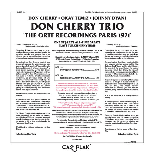 Don Cherry • Okay Temiz • Johnny Dyani , Don Cherry Trio - Live In Paris 1971 (The ORTF Recordings) | CAZ PLAK (CAZLP 006) - 3 Don Cherry • Okay Temiz • Johnny Dyani , Don Cherry Trio - Live In Paris 1971 (The ORTF Recordings) | CAZ PLAK (CAZLP 006) - 3