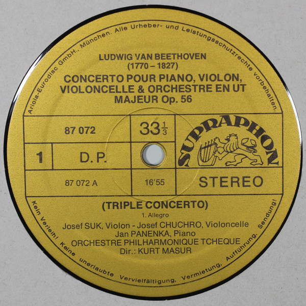Ludwig van Beethoven - Josef Suk , Jan Panenka , Josef Chuchro , The Czech Philharmonic Orchestra , Kurt Masur - Concerto Pour Piano, Violon, Violoncelle et Orchestre En Ut Majeur, Op. 56 "Triple Concerto" | Supraphon (87 072) - 3