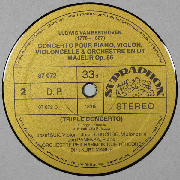 Ludwig van Beethoven - Josef Suk , Jan Panenka , Josef Chuchro , The Czech Philharmonic Orchestra , Kurt Masur - Concerto Pour Piano, Violon, Violoncelle et Orchestre En Ut Majeur, Op. 56 "Triple Concerto" | Supraphon (87 072) - 4