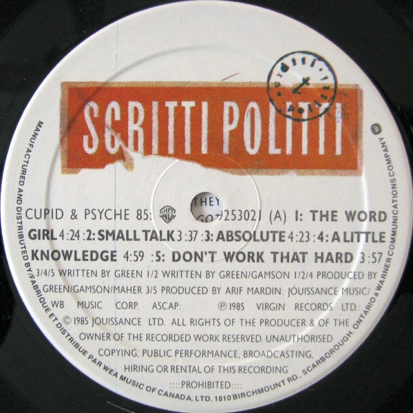 Scritti Politti - Cupid & Psyche 85 | Warner Bros. Records (92 53021) - 3 Scritti Politti - Cupid & Psyche 85 | Warner Bros. Records (92 53021) - 3