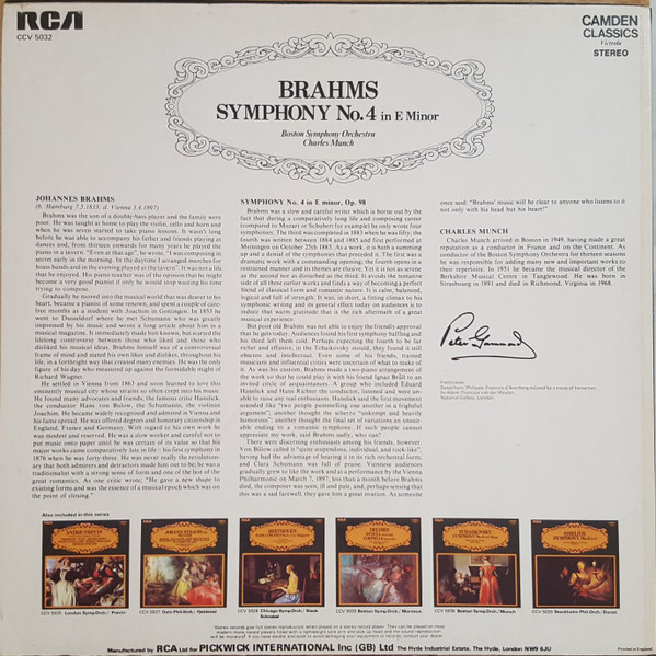 Johannes Brahms , Boston Symphony Orchestra , Charles Munch - Symphony No. 4 In E Minor | RCA (CCV 5032) - 2