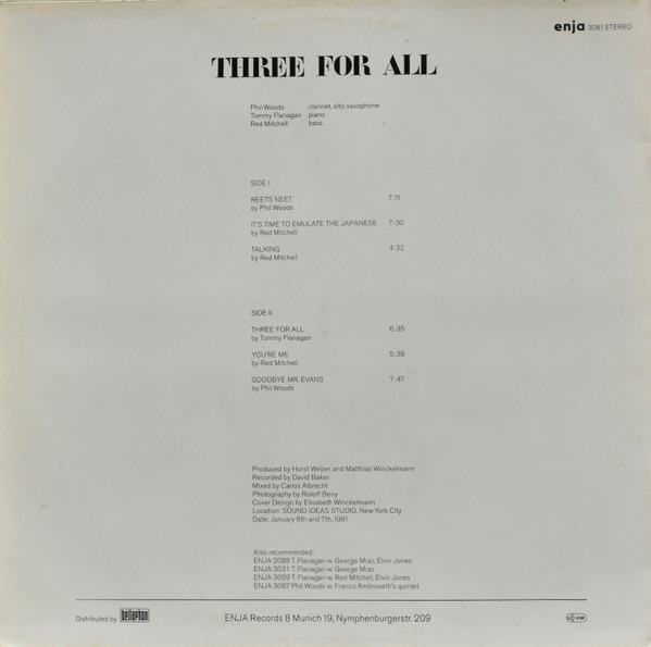 Phil Woods / Tommy Flanagan / Red Mitchell - Three For All | Enja Records (3081) - 2