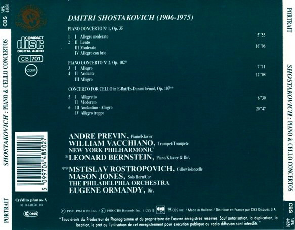 Leonard Bernstein - André Previn , Mstislav Rostropovich , Eugene Ormandy , New York Philharmonic , The Philadelphia Orchestra , Dmitri Shostakovich - Piano Concertos Nos. 1 & 2, Cello Concerto No.1 | CBS Masterworks (MPK 44850) - 2 Leonard Bernstein - André Previn , Mstislav Rostropovich , Eugene Ormandy , New York Philharmonic , The Philadelphia Orchestra , Dmitri Shostakovich - Piano Concertos Nos. 1 & 2, Cello Concerto No.1 | CBS Masterworks (MPK 44850) - 2