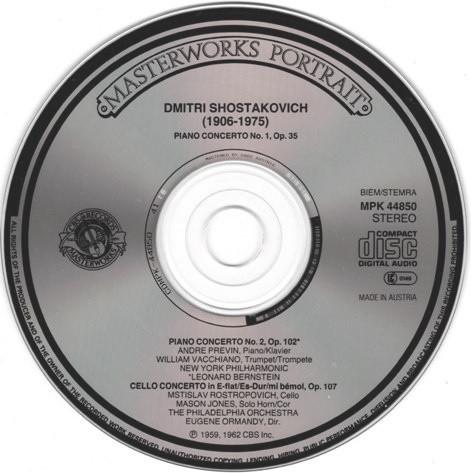 Leonard Bernstein - André Previn , Mstislav Rostropovich , Eugene Ormandy , New York Philharmonic , The Philadelphia Orchestra , Dmitri Shostakovich - Piano Concertos Nos. 1 & 2, Cello Concerto No.1 | CBS Masterworks (MPK 44850) - 3 Leonard Bernstein - André Previn , Mstislav Rostropovich , Eugene Ormandy , New York Philharmonic , The Philadelphia Orchestra , Dmitri Shostakovich - Piano Concertos Nos. 1 & 2, Cello Concerto No.1 | CBS Masterworks (MPK 44850) - 3