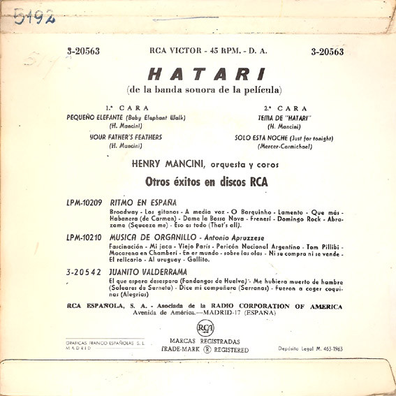Henry Mancini - Hatari (De La Banda Sonora De La Pelicula) | RCA Victor (3-20563)