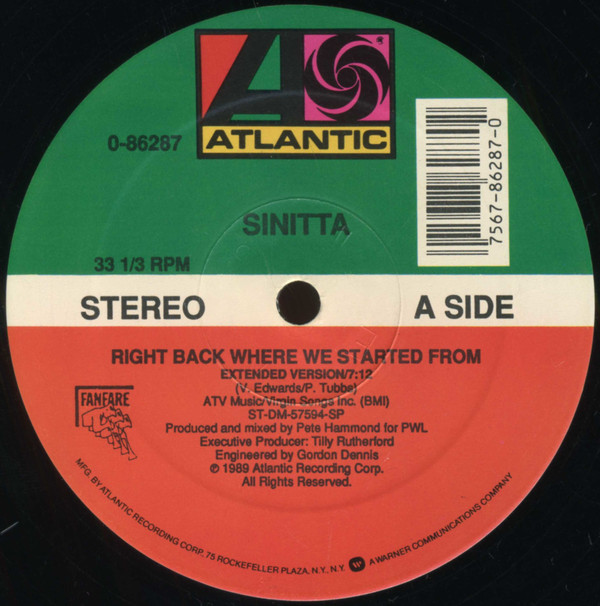 Sinitta - Right Back Where We Started From | Atlantic (0-86287) - 2