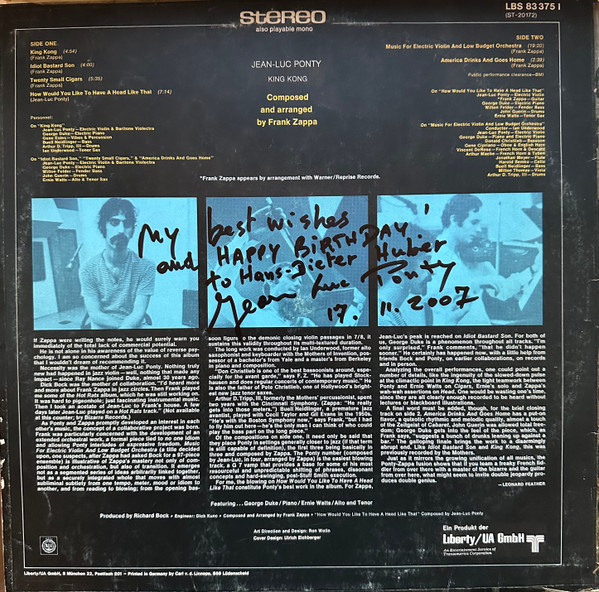 Jean-Luc Ponty - King Kong: Jean-Luc Ponty Plays The Music Of Frank Zappa | Liberty (LBS 83 375 I) - 2
