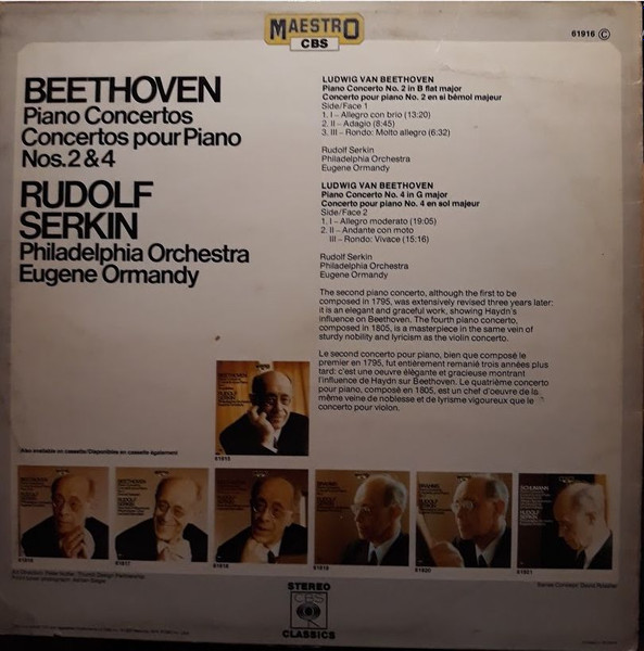 Ludwig van Beethoven , Rudolf Serkin , The Philadelphia Orchestra , Eugene Ormandy - Piano Concertos Nos. 2 & 4 | CBS (61916) - 2