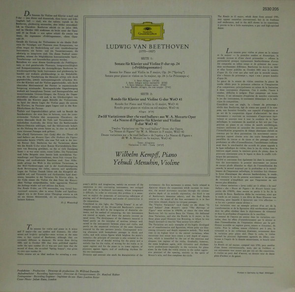Ludwig van Beethoven - Wilhelm Kempff · Yehudi Menuhin - »Frühlingssonate« (Spring Sonata) Op. 24 · Rondo WoO 41 · 12 Variationen WoO 40 | Deutsche Grammophon (2530 205)