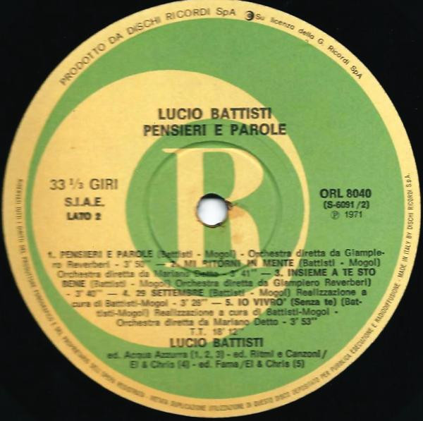 Lucio Battisti - Pensieri E Parole | Ricordi (ORL 8040) - 4