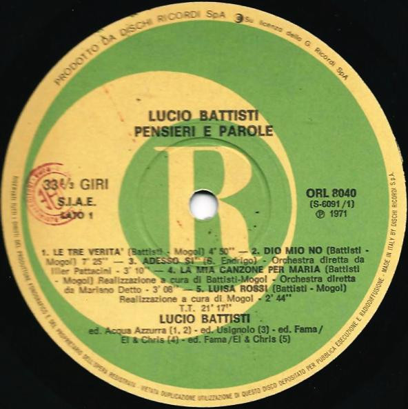 Lucio Battisti - Pensieri E Parole | Ricordi (ORL 8040) - 3