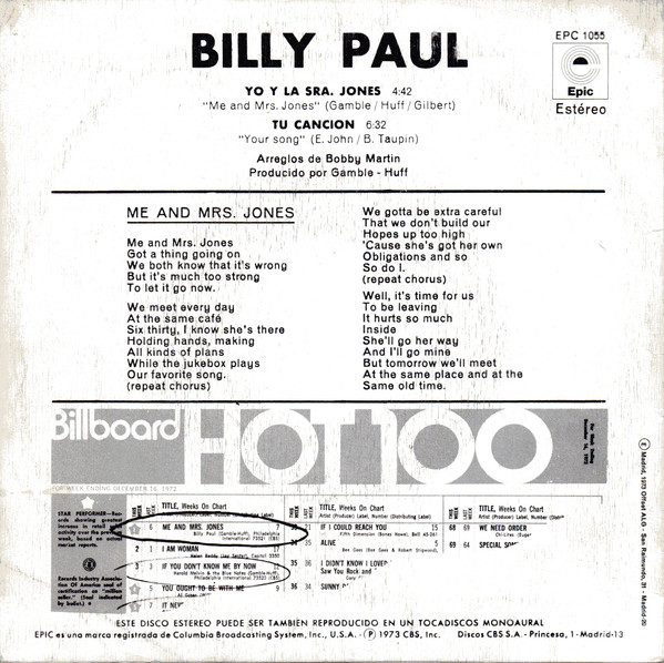 Billy Paul - Yo Y La Sra. Jones | Epic (EPC 1055) - 2