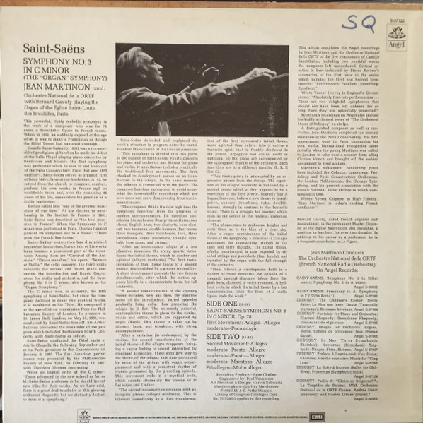 Camille Saint-Saëns - Jean Martinon , Orchestre National De France With Bernard Gavoty - Symphony No.3 In C Minor (The Organ Symphony) | Angel Records (S-37122) - 2