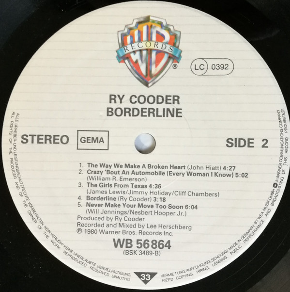 Ry Cooder - Borderline | Warner Bros. Records (WB 56 864) - 2 Ry Cooder - Borderline | Warner Bros. Records (WB 56 864) - 2